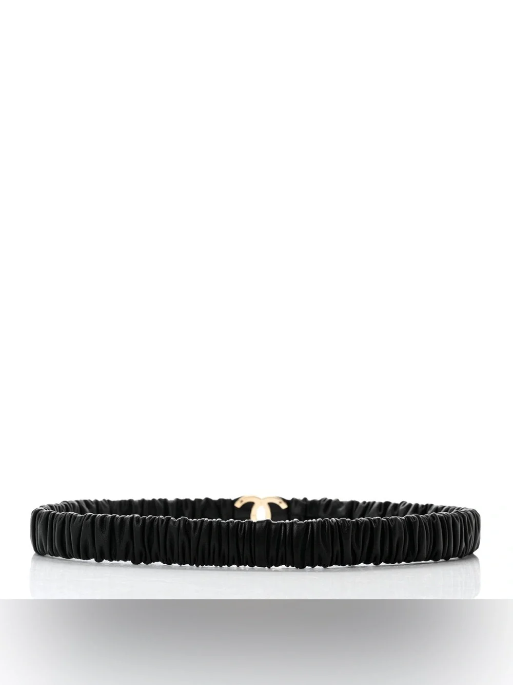 CHANEL Black Leather Ruched Belt with Gold CC Emblem F/W 2022